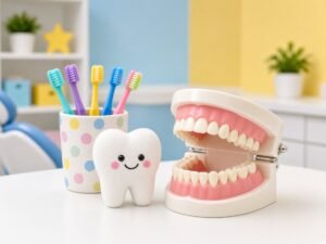 Renkli çocuk diş fırçaları ve diş modeli