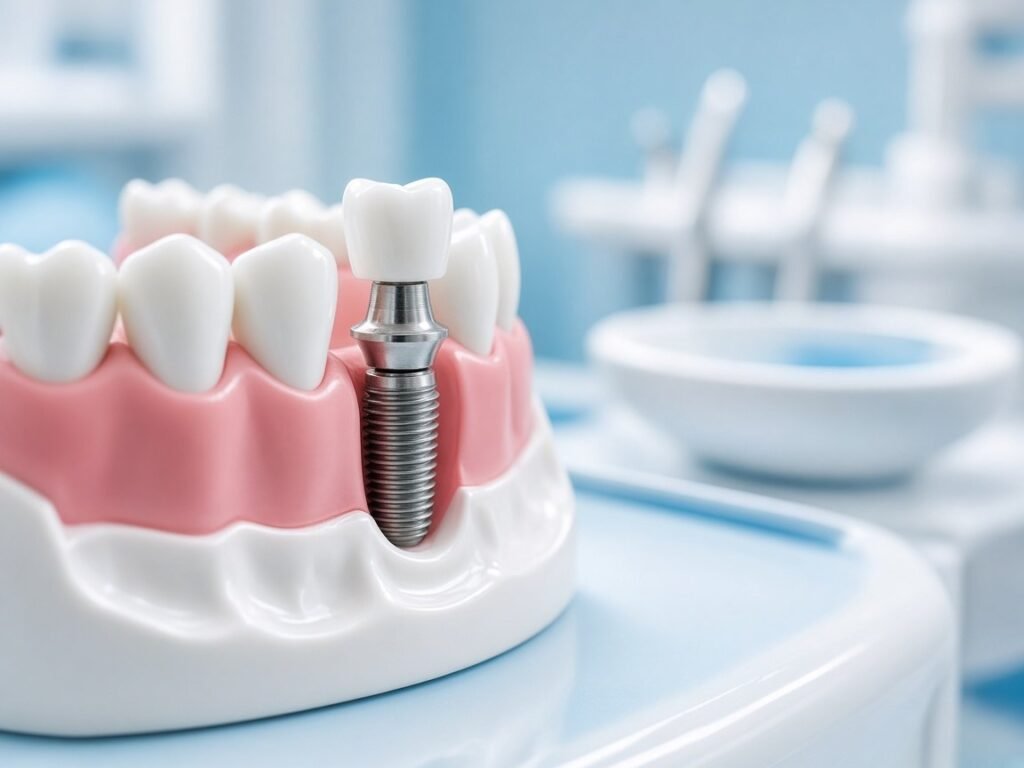 Çene modeli üzerinde titanyum diş implantı